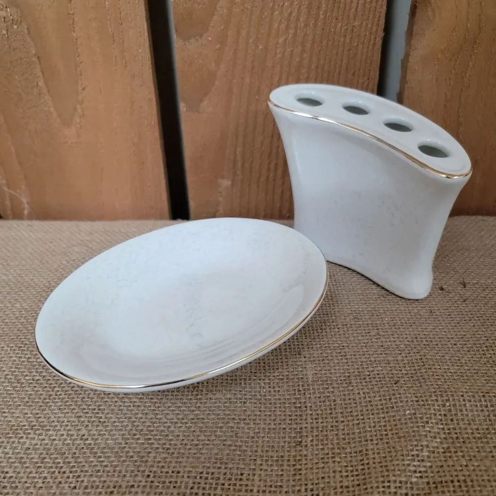Bathroom Set Soap Dish Toothbrush Holder White Pearlized Gold Trim
